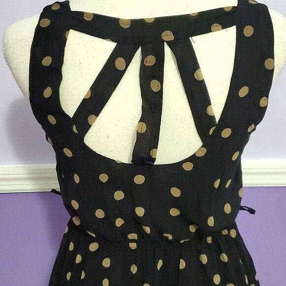 Monteau Black & Tan Polka Dots 60s Vibes Retro Flare Mini Dress - Picture 6 of 9